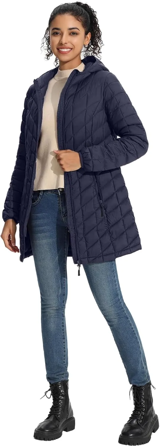 ZMC Women's Packable Puffer Jacket, Water-Resistant Hooded Puffer Jacket Lightweight Mid-Length Winter Puffer Coat