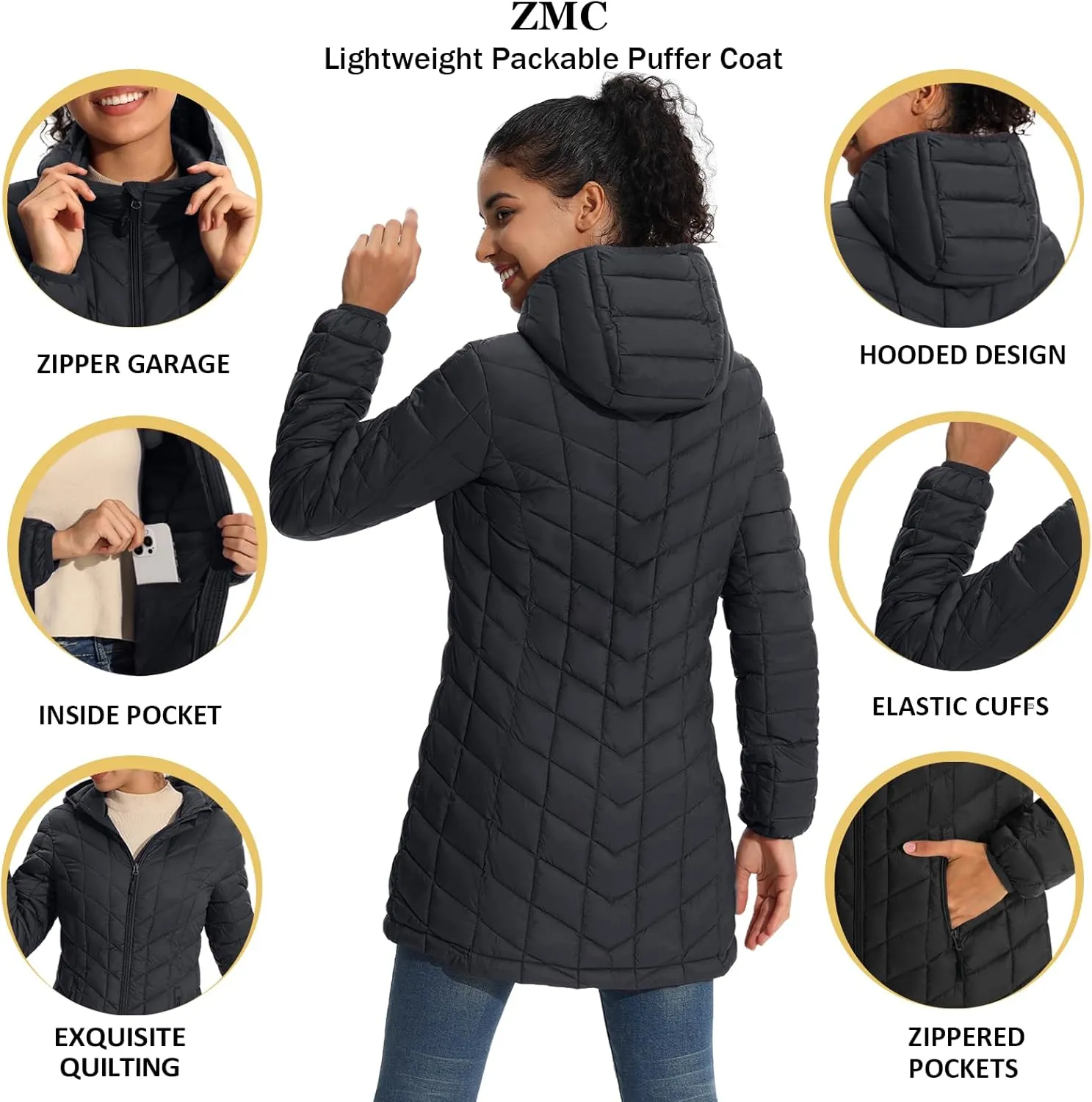 ZMC Women's Packable Puffer Jacket, Water-Resistant Hooded Puffer Jacket Lightweight Mid-Length Winter Puffer Coat
