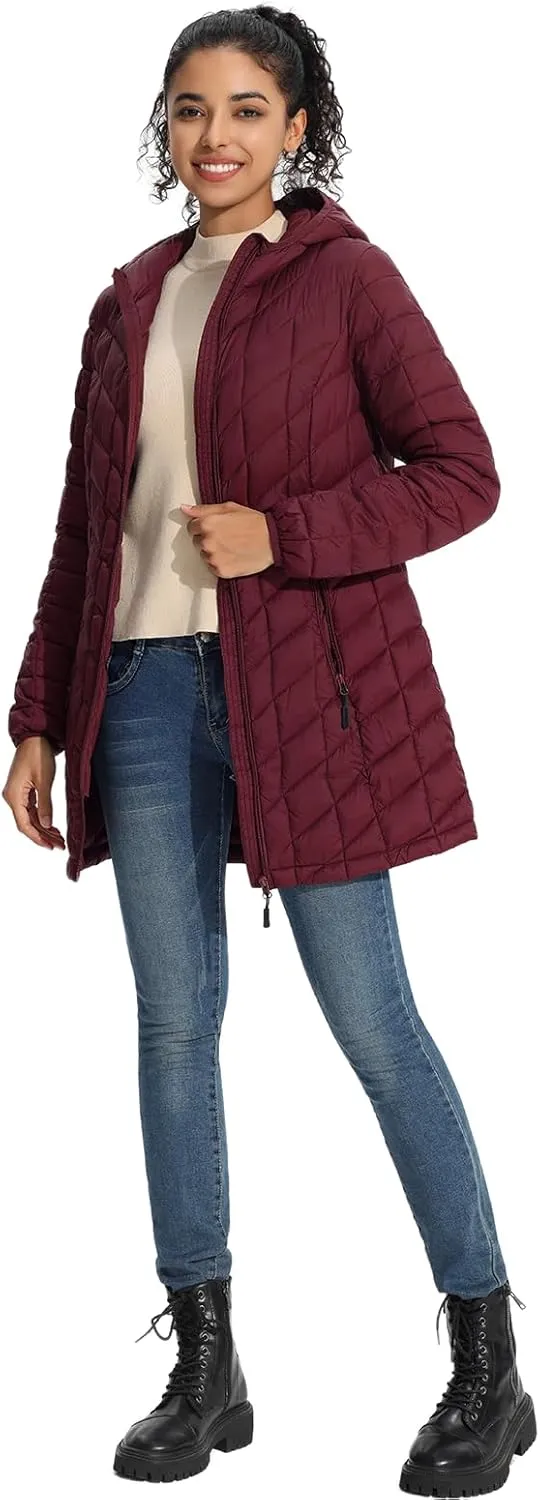 ZMC Women's Packable Puffer Jacket, Water-Resistant Hooded Puffer Jacket Lightweight Mid-Length Winter Puffer Coat