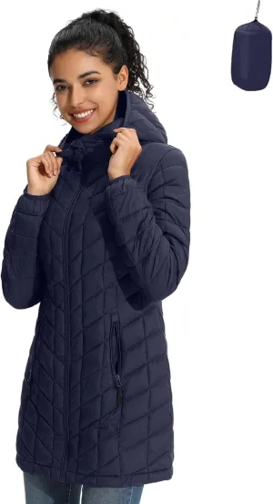 ZMC Women's Packable Puffer Jacket, Water-Resistant Hooded Puffer Jacket Lightweight Mid-Length Winter Puffer Coat