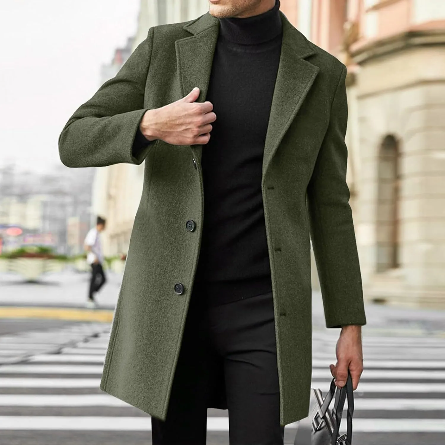 ZYXTIM Men's Wool Blend Pea Coat Notched Collar Single Breasted Trench Coat Oversize Long Classic Office Work Jacket Coat